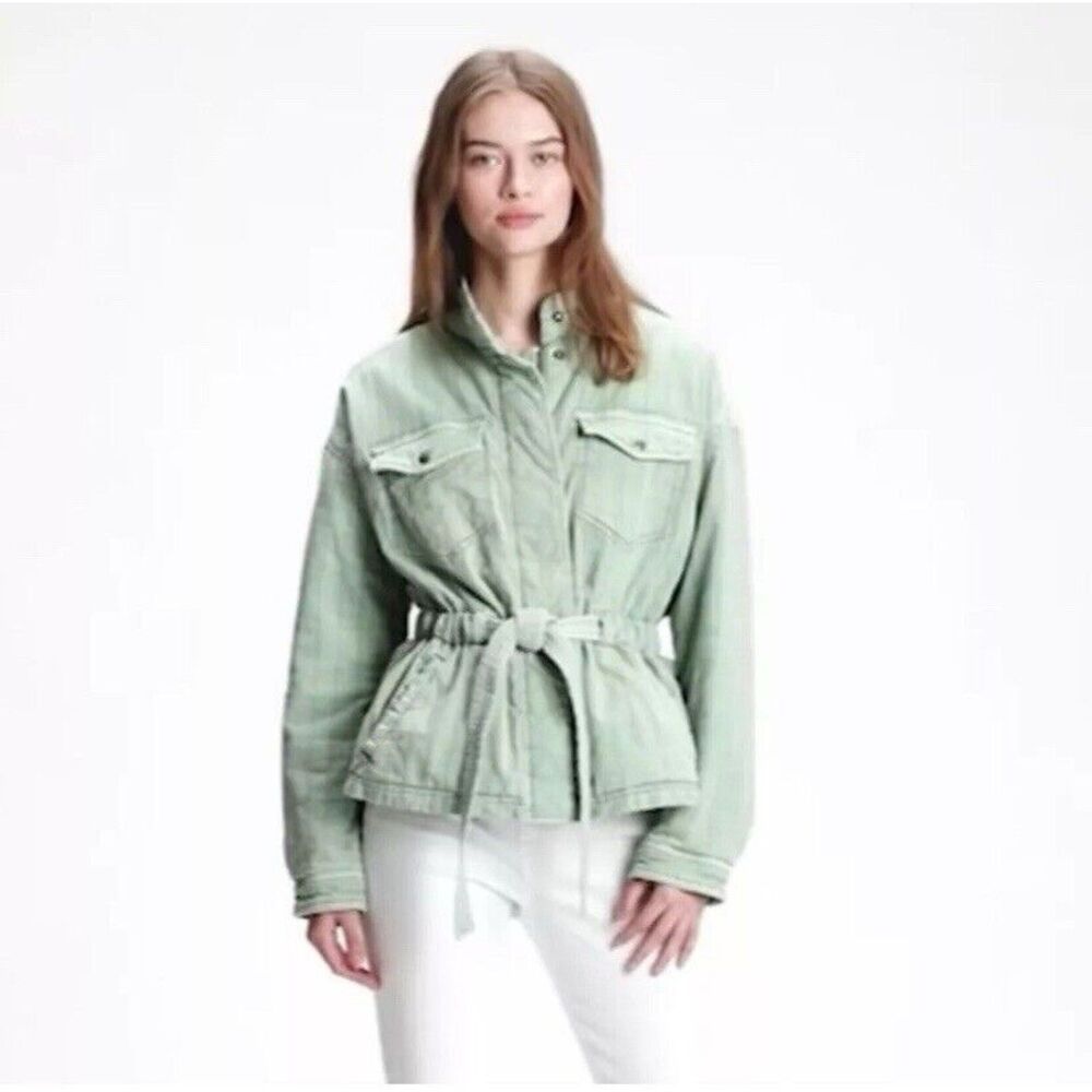 Gap Green Quilted Utility Jacket Belted Snap Front Small Spring